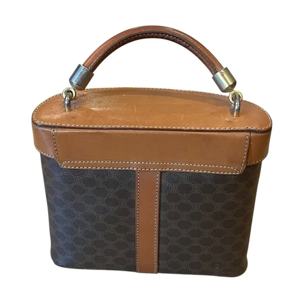 CELINE Brown Leather Satchel Purse bag Top Handle Vanity Macadam Vintage